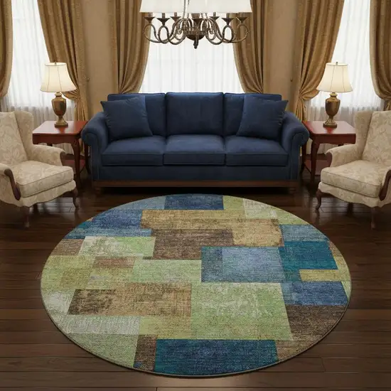 8' Blue Green And Beige Geometric Washable Round Rug With UV Protection Photo 2