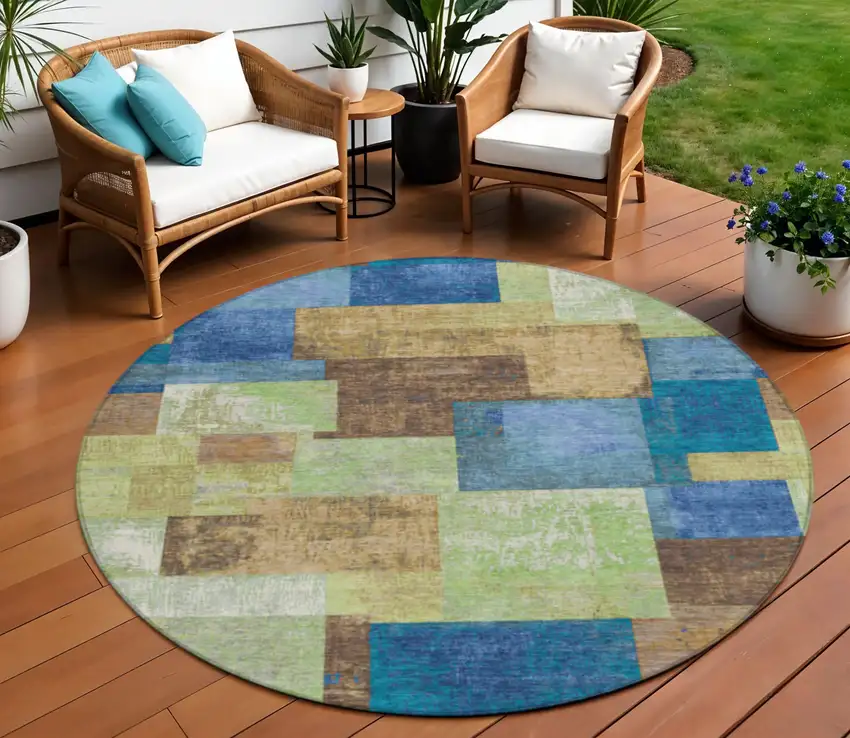 8' Blue Green And Beige Round Geometric Washable Indoor Outdoor Area Rug Photo 2