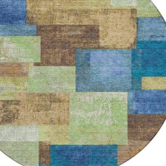 8' Blue Green And Beige Round Geometric Washable Indoor Outdoor Area Rug Photo 4