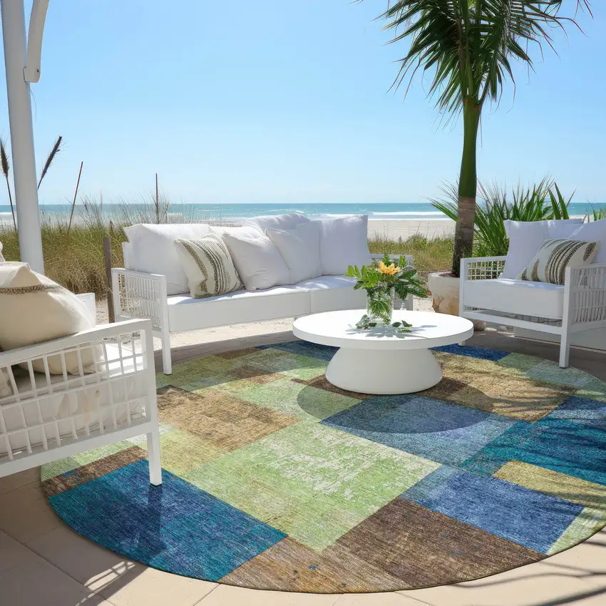 8' Blue Green And Beige Round Geometric Washable Indoor Outdoor Area Rug Photo 6