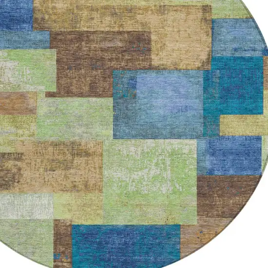8' Blue Green And Beige Round Geometric Washable Indoor Outdoor Area Rug Photo 9