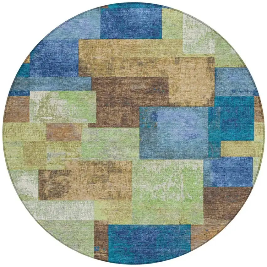 8' Blue Green And Beige Round Geometric Washable Indoor Outdoor Area Rug Photo 3