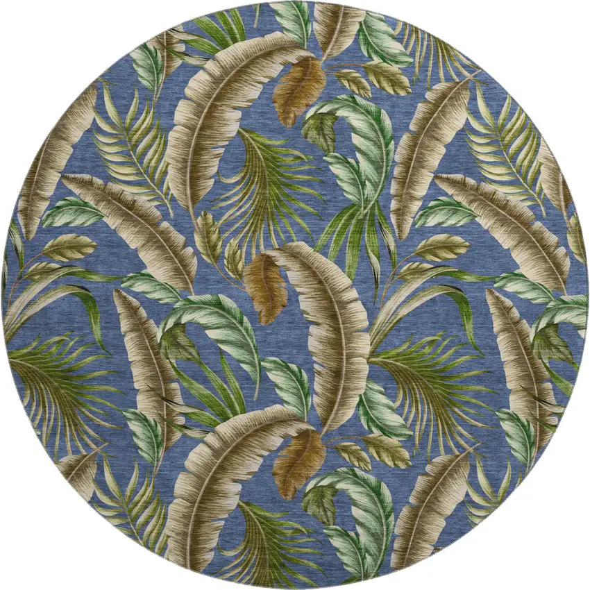 8' Blue Green And Brown Geometric Washable Round Rug With UV Protection Photo 1