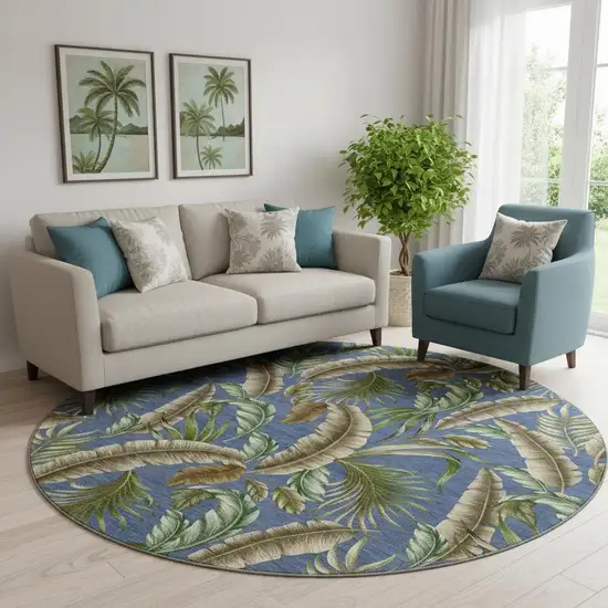 8' Blue Green And Brown Geometric Washable Round Rug With UV Protection Photo 1