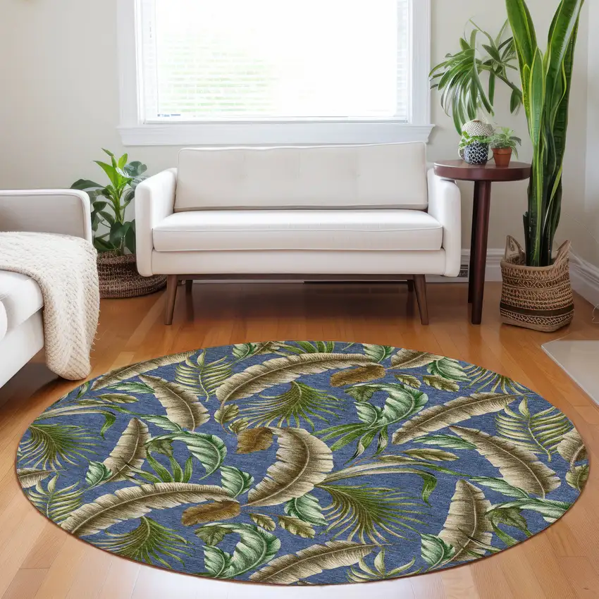 8' Blue Green And Brown Geometric Washable Round Rug With UV Protection Photo 5