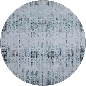 Photo of 8' Blue Green And Charcoal Oriental Washable Round Rug With UV Protection