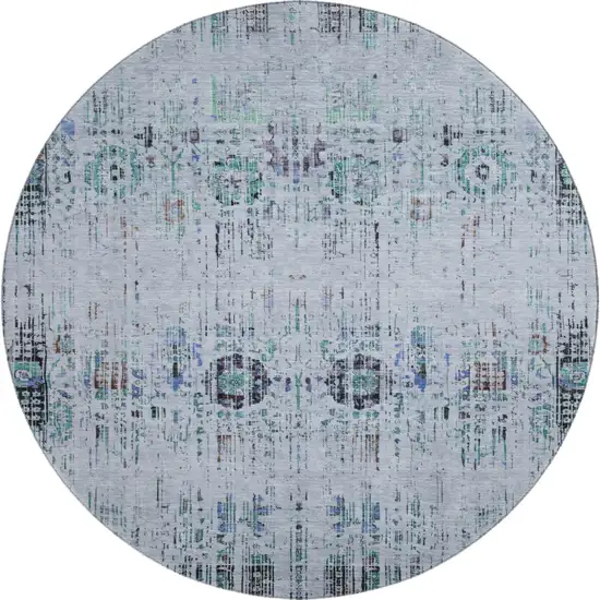 8' Blue Green And Charcoal Oriental Washable Round Rug With UV Protection Photo 1