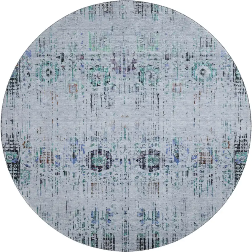 8' Blue Green And Charcoal Oriental Washable Round Rug With UV Protection Photo 1