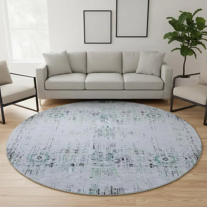 8' Blue Green And Charcoal Oriental Washable Round Rug With UV Protection Photo 2