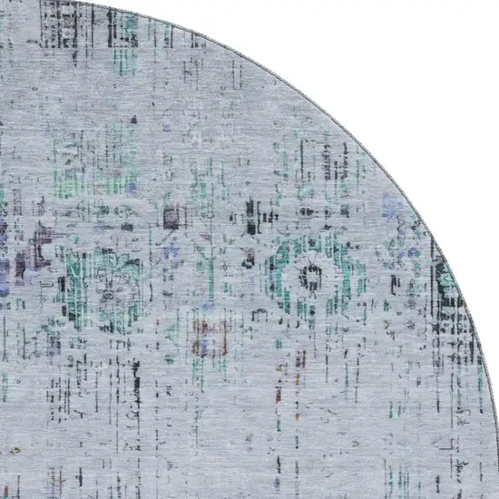 8' Blue Green And Charcoal Oriental Washable Round Rug With UV Protection Photo 3