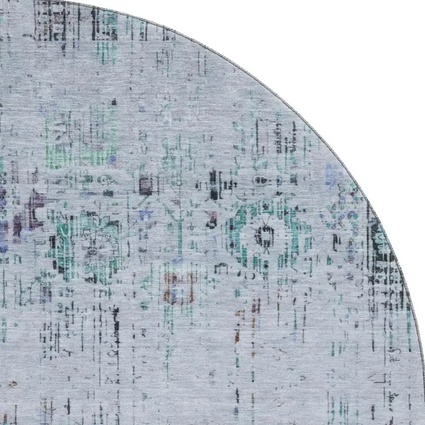 8' Blue Green And Charcoal Oriental Washable Round Rug With UV Protection Photo 3