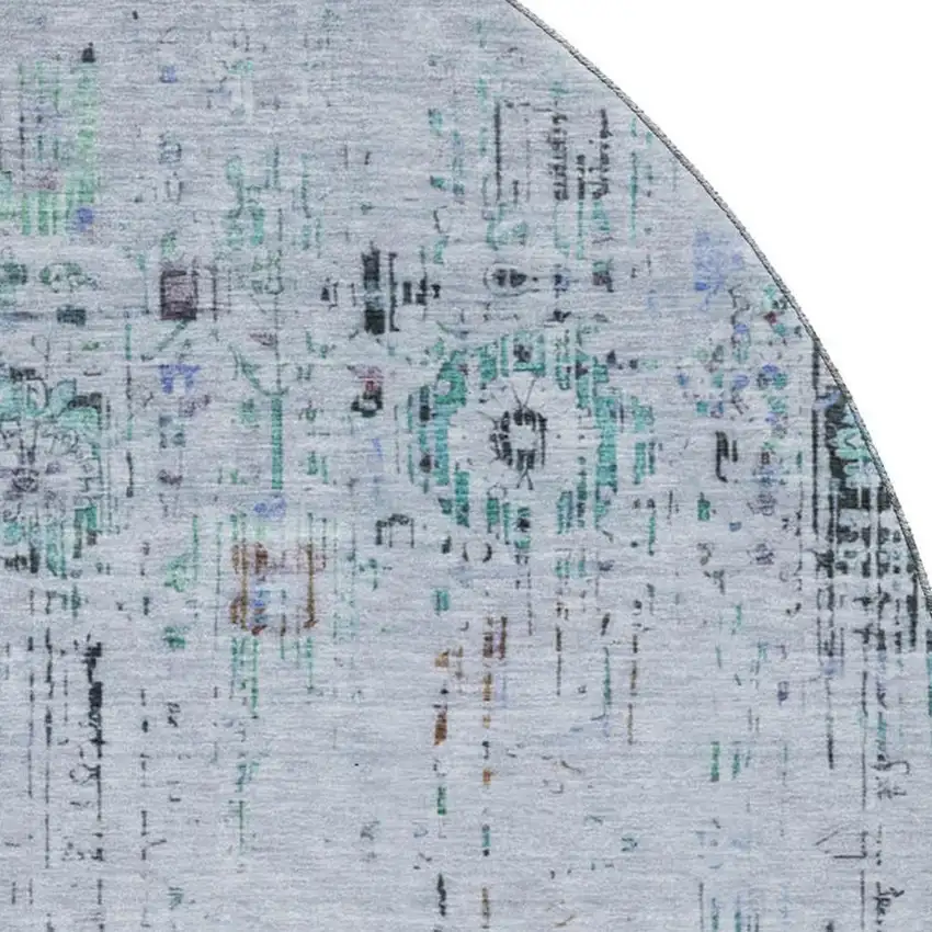 8' Blue Green And Charcoal Oriental Washable Round Rug With UV Protection Photo 2