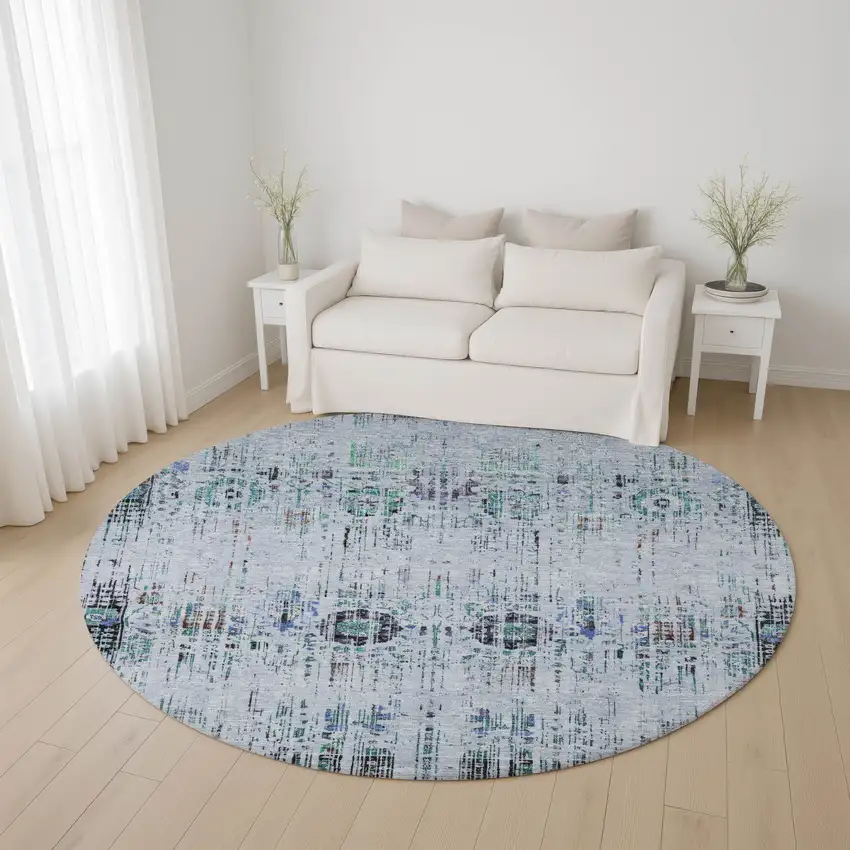 8' Blue Green And Charcoal Oriental Washable Round Rug With UV Protection Photo 4