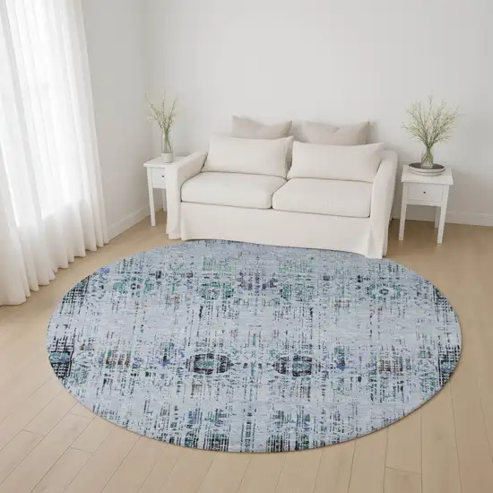 8' Blue Green And Charcoal Oriental Washable Round Rug With UV Protection Photo 4