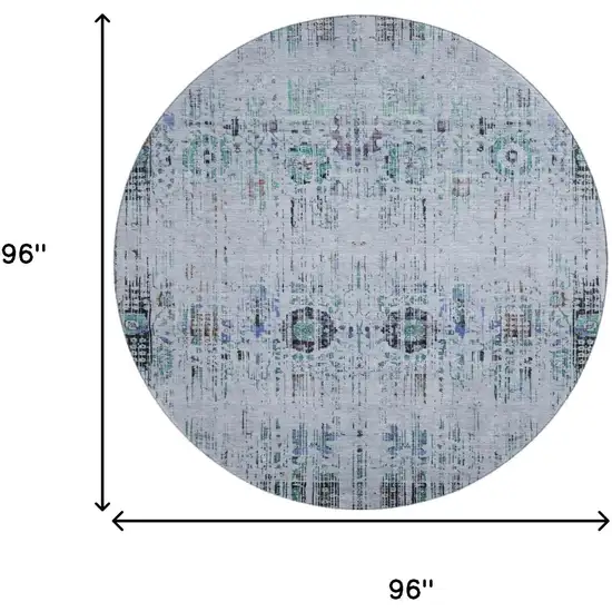8' Blue Green And Charcoal Oriental Washable Round Rug With UV Protection Photo 9