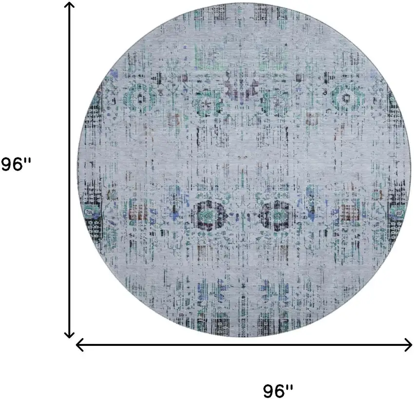 8' Blue Green And Charcoal Oriental Washable Round Rug With UV Protection Photo 9