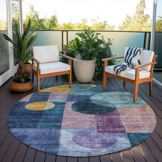 8' Blue Green And Copper Round Geometric Washable Indoor Outdoor Area Rug Photo 8