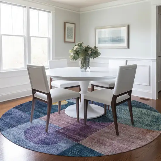 8' Blue Green And Copper Round Geometric Washable Indoor Outdoor Area Rug Photo 9
