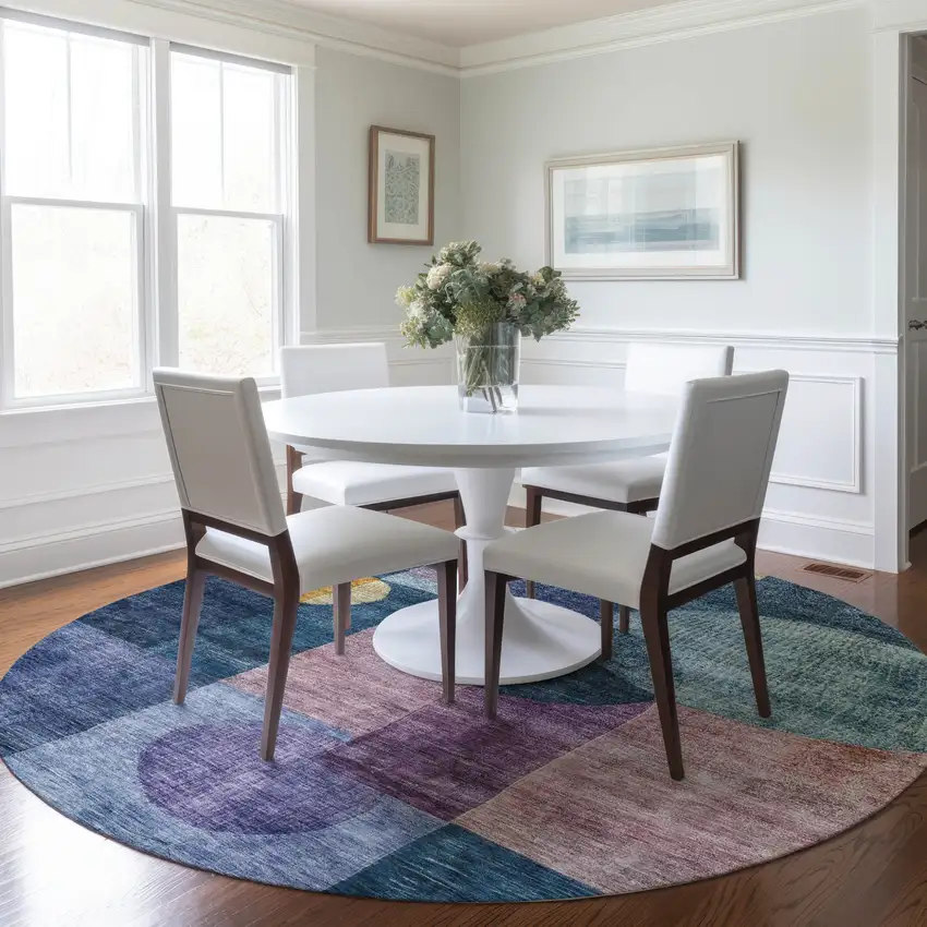 8' Blue Green And Copper Round Geometric Washable Indoor Outdoor Area Rug Photo 9