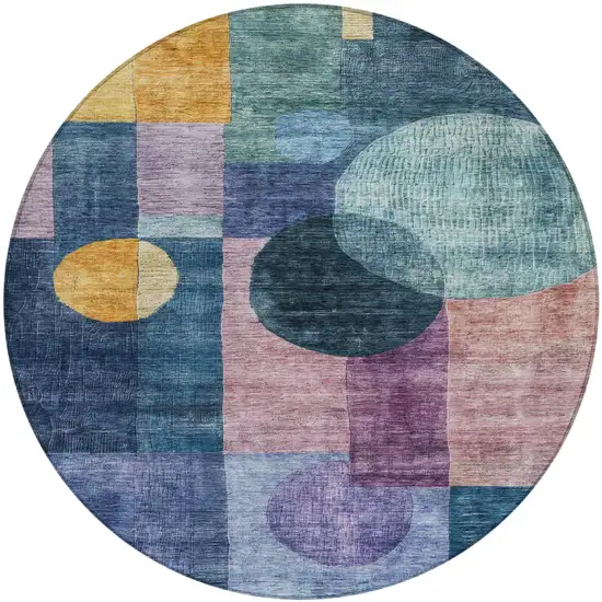 8' Blue Green And Copper Round Geometric Washable Indoor Outdoor Area Rug Photo 2