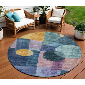 Photo of 8' Blue Green And Copper Round Geometric Washable Indoor Outdoor Area Rug