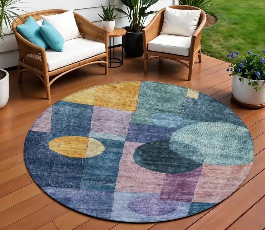 8' Blue Green And Copper Round Geometric Washable Indoor Outdoor Area Rug Photo 1