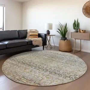 Photo of 8' Blue Green And Gold Round Floral Washable Indoor Outdoor Area Rug
