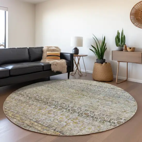 8' Blue Green And Gold Round Floral Washable Indoor Outdoor Area Rug Photo 7