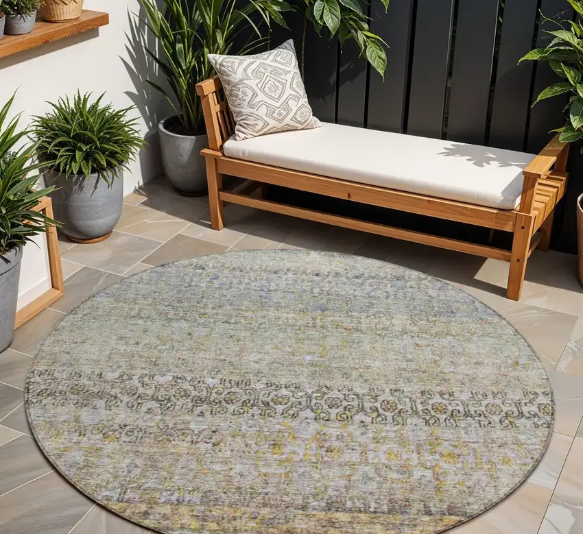 8' Blue Green And Gold Round Floral Washable Indoor Outdoor Area Rug Photo 1