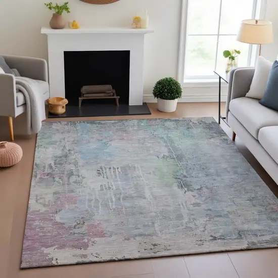 8' Blue Green And Gray Abstract Washable Area Rug With UV Protection Photo 2