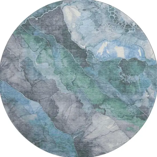 8' Blue Green And Gray Floral Washable Round Rug With UV Protection Photo 3