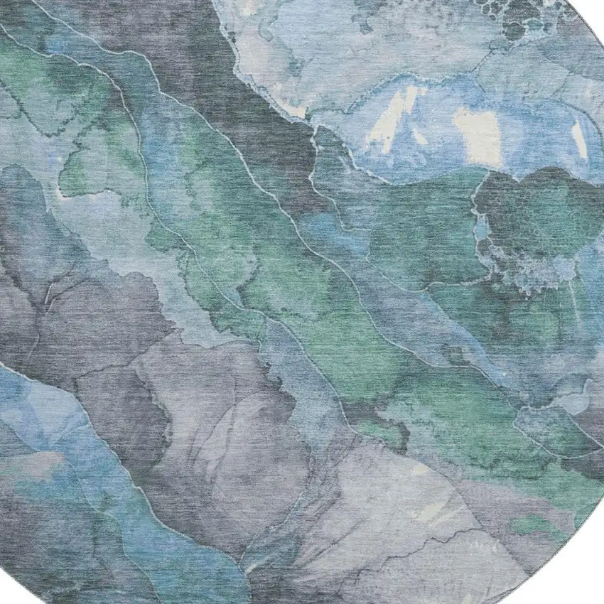 8' Blue Green And Gray Floral Washable Round Rug With UV Protection Photo 2