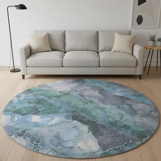 8' Blue Green And Gray Floral Washable Round Rug With UV Protection Photo 2