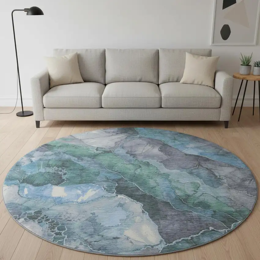 8' Blue Green And Gray Floral Washable Round Rug With UV Protection Photo 2