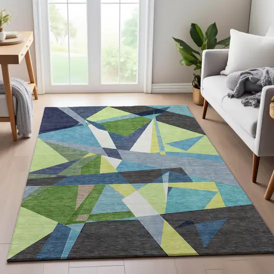 8' Blue Green And Gray Geometric Washable Area Rug With UV Protection Photo 5