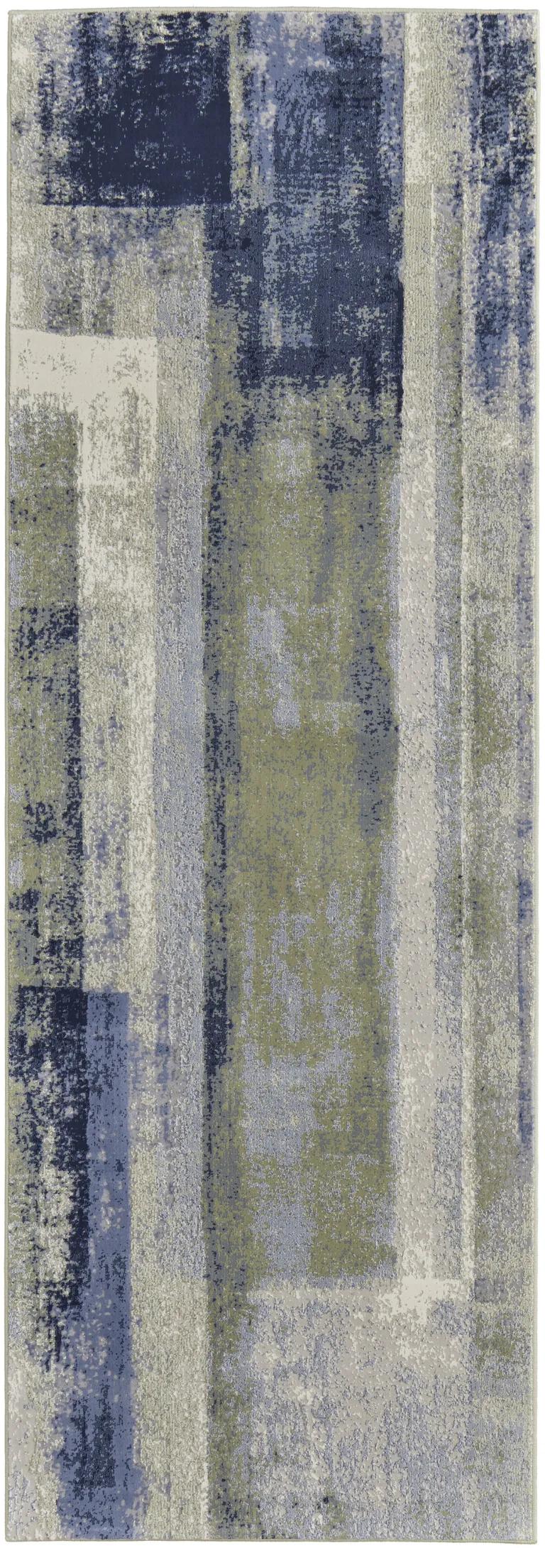 8' Blue Green And Ivory Abstract Power Loom Distressed Runner Rug Photo 1