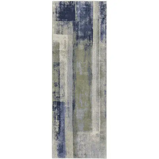 8' Blue Green And Ivory Abstract Power Loom Distressed Runner Rug Photo 1
