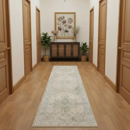 10' Blue Green And Ivory Floral Runner Rug Photo 1