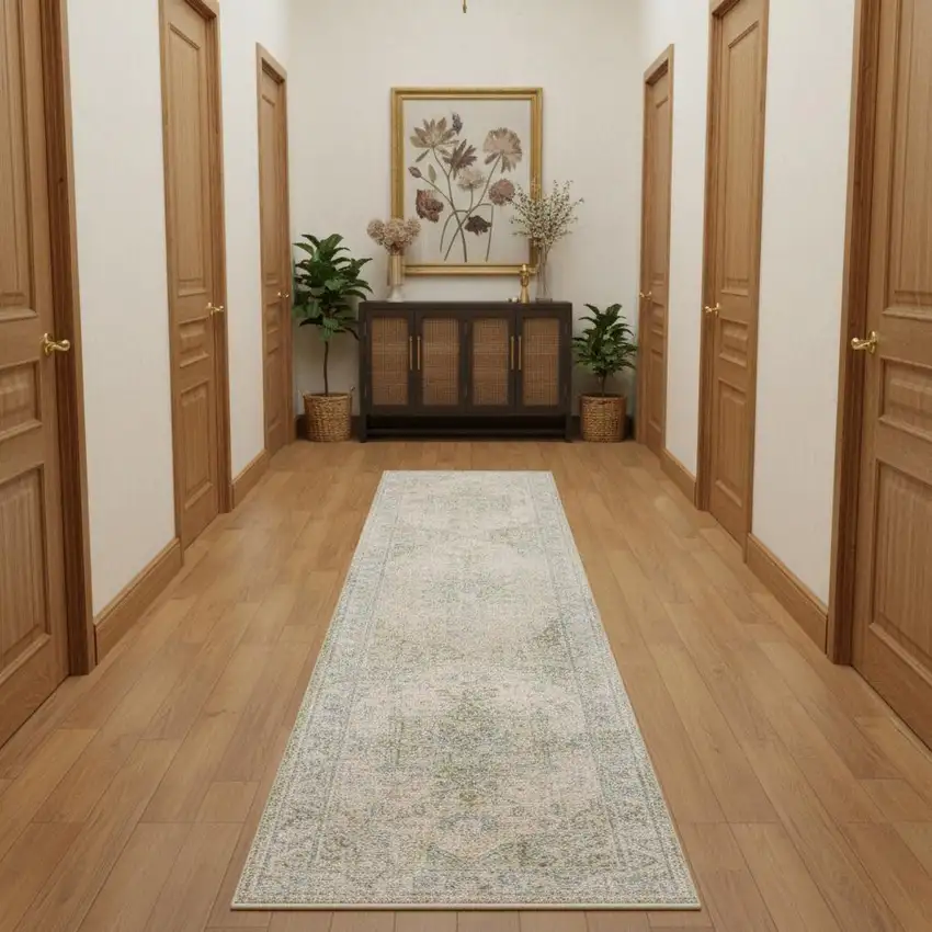 10' Blue Green And Ivory Floral Runner Rug Photo 1