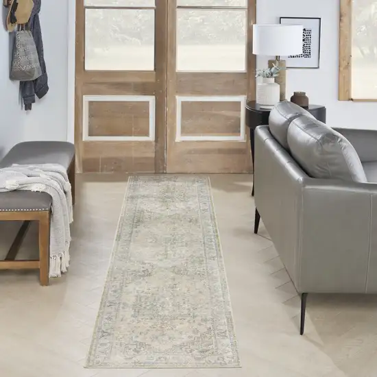 10' Blue Green And Ivory Floral Runner Rug Photo 5