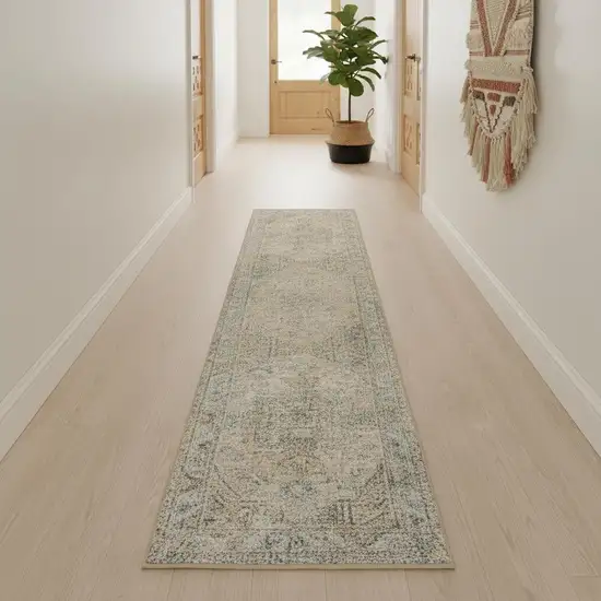 10' Blue Green And Ivory Floral Runner Rug Photo 1