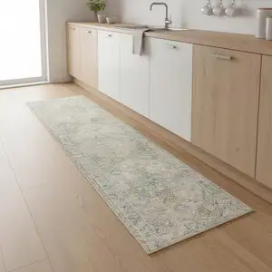 Photo of 8' Blue Green And Ivory Floral Runner Rug