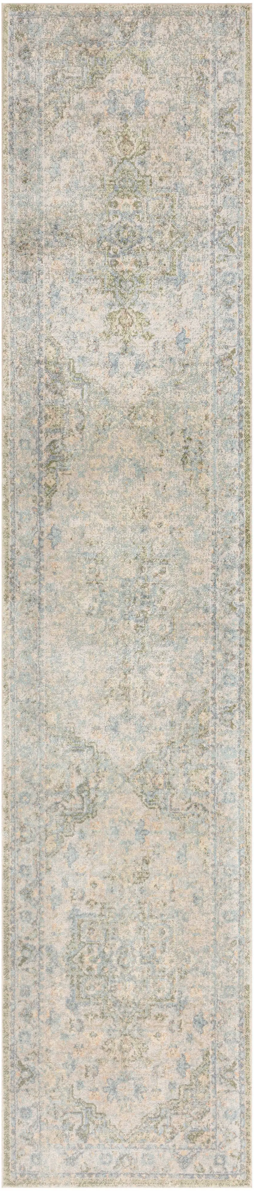8' Blue Green And Ivory Floral Runner Rug Photo 2