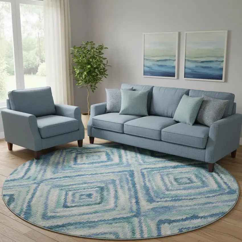 8' Blue Green And Ivory Geometric Washable Round Rug With UV Protection Photo 1