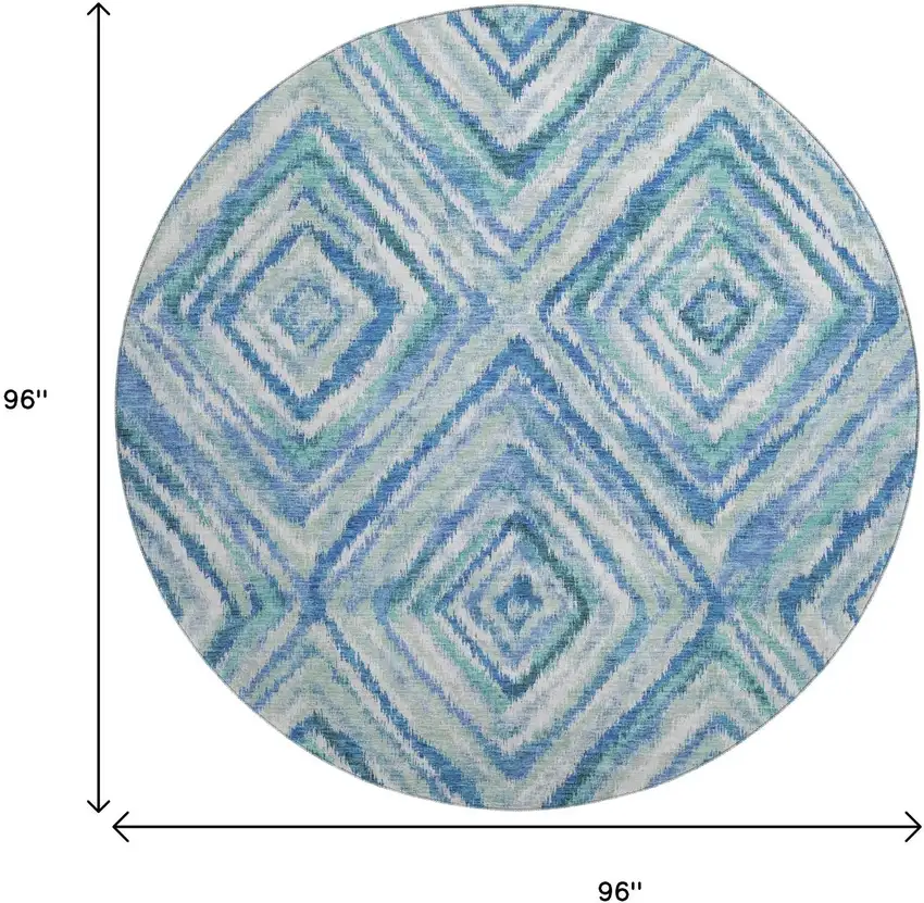 8' Blue Green And Ivory Geometric Washable Round Rug With UV Protection Photo 3