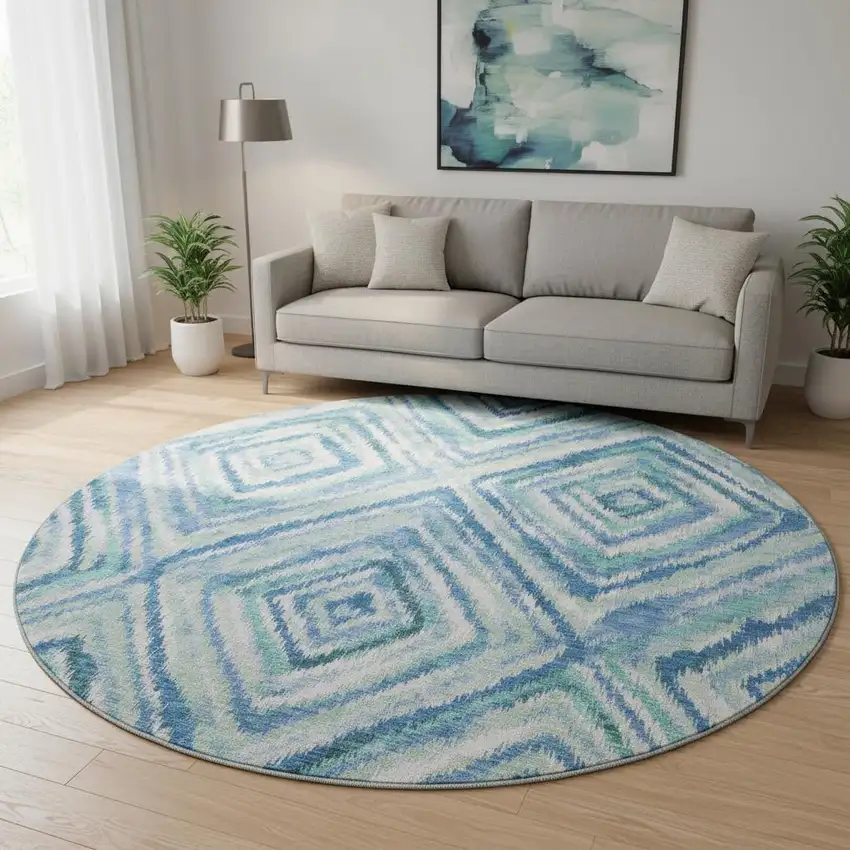 8' Blue Green And Ivory Geometric Washable Round Rug With UV Protection Photo 2