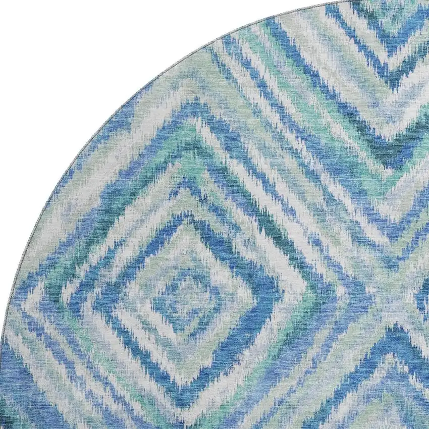 8' Blue Green And Ivory Geometric Washable Round Rug With UV Protection Photo 4