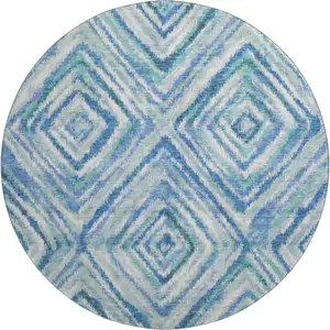 Photo of 8' Blue Green And Ivory Geometric Washable Round Rug With UV Protection