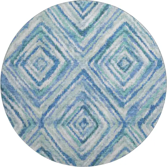 8' Blue Green And Ivory Geometric Washable Round Rug With UV Protection Photo 1
