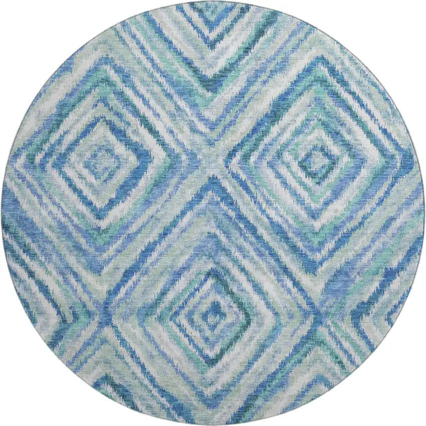 8' Blue Green And Ivory Geometric Washable Round Rug With UV Protection Photo 1